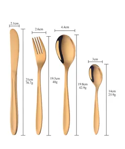 Detailed size chart for stainless steel cutlery set showing knife fork and spoon weights