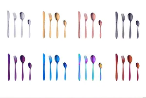 Modern 4-piece stainless steel cutlery sets shown in eight vibrant metallic mirror finishes