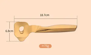 Detail of golden stainless steel noodle slicer showing dimensions 18.7cm by 6.8cm