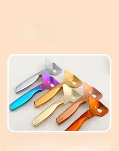 Close-up of durable stainless steel scrapers in six metallic colors with non-slip grips