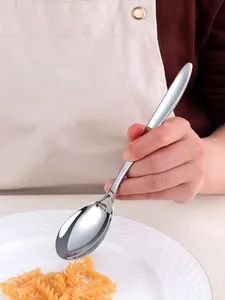 Polished stainless steel spoon scooping pasta from a white plate in a home setting