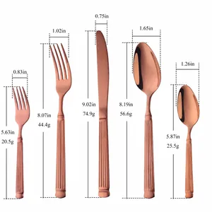 Guía de tallas para juego de cubiertos de 5 piezas de acero inoxidable oro rosa con cuchillo y cucharas