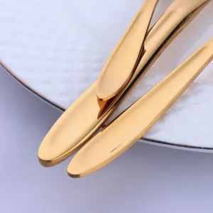 Polished gold stainless steel cutlery set featuring mirror finish on white ceramic plate