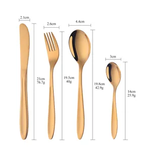Rose gold stainless steel 4-piece cutlery set with dimensions and mirror finish