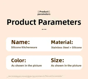 Detail specifications of silicone and stainless steel kitchenware set with material info