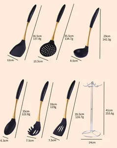 Detailed size and weight chart for black and gold silicone kitchen utensil set