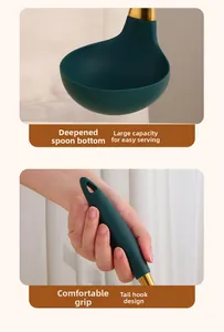 Deepened silicone soup ladle with gold stainless steel handle and hanging hole design