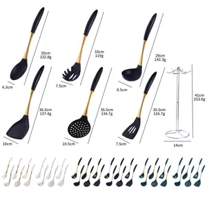 7-piece stainless steel and silicone kitchen utensil set with dimensions and stand