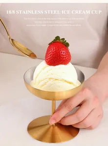 Detailed view of gold stainless steel ice cream bowl with dessert and spoon