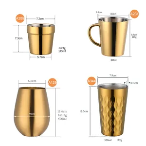 Détails de quatre tasses en acier inoxydable doré avec tailles et capacités