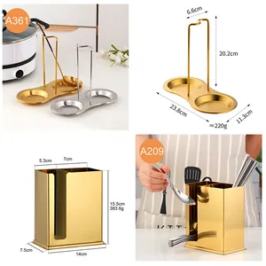 Dimensions du repose-louche et du porte-ustensiles en acier inoxydable 304 doré