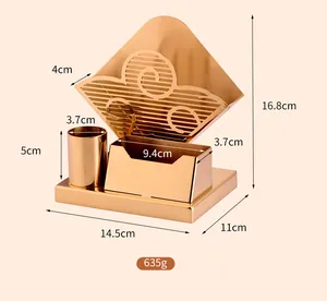 Gedetailleerde afmetingen van de gouden bureau-organizer en metalen servethouder