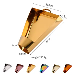 Golden stainless steel food packaging scoop with dimensions for catering chips and snacks