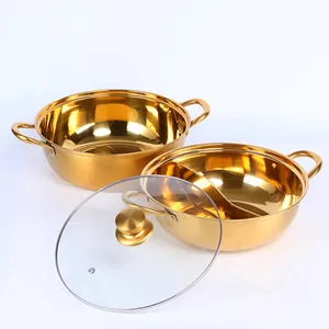 Ensemble de marmite en inox 304 doré poli avec compartiments et couvercle en verre