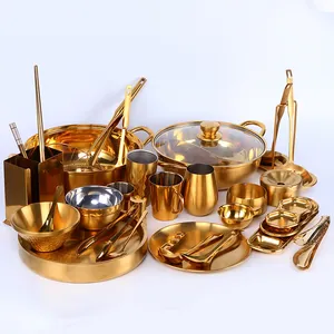 Service à fondue en acier inoxydable 304 doré avec bols, cuillères et support