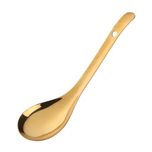 Titanium-plated gold stainless steel serving spoon with flat handle and hanging hole