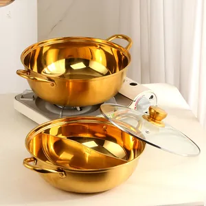 Détail de l'ensemble de pots à fondue en acier inoxydable doré SUS304 avec couvercle poli