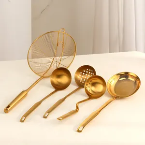 Set de 5 ustensiles de cuisine en acier inoxydable 304 doré avec passoires et louches