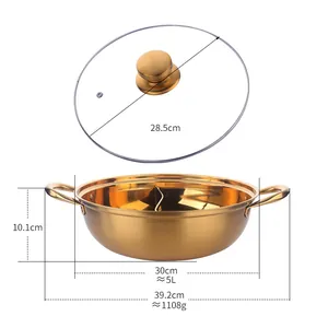 Marmite à fondue chinoise dorée en inox 304 avec séparateur et couvercle 5L 30cm
