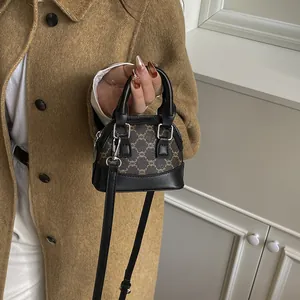 Mini brown shell handbag with checkered pattern and adjustable shoulder strap for women