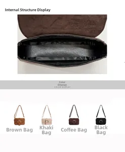 Detail view showing internal compartment structure and four color options for the square bag