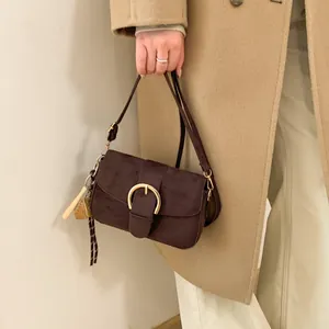 Detail of dark brown suede handbag featuring a large golden buckle and decorative tassels