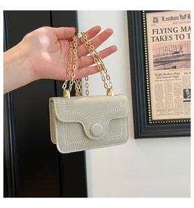 Detail of a chic chain strap handbag with woven trim and gold hardware in French style