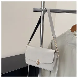 Detail of elegant rectangular bag with gold peanut-shaped lock and chain strap