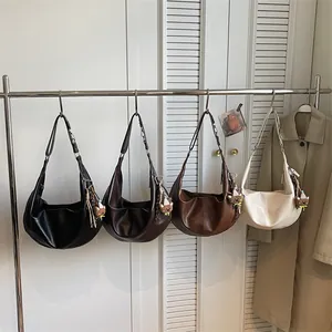 Retro PU Leather Half Moon Hobo Bag Large Capacity Shoulder Bag With Bear Pendant Minimalist Commute Underarm Bag For Women