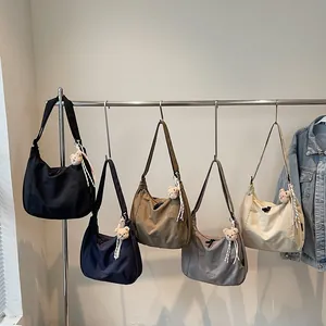 Women Large Capacity Oxford Cloth Hobo Bag Japanese Minimalist Style Shoulder Bag With Plush Bear Keychain Casual Crossbody Handbag
