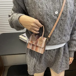 Mini woven gradient brown handbag with round handle and leather shoulder strap for women