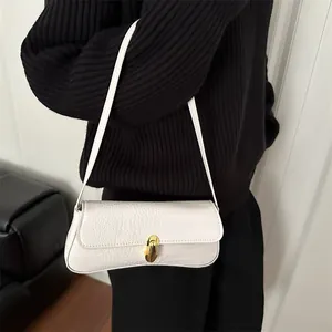 French luxury white crocodile texture underarm bag with elegant gold metal buckle hardware