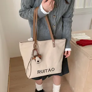 Sac cabas en toile avec anses en cuir et broderie RUITAO pour le trajet et le campus
