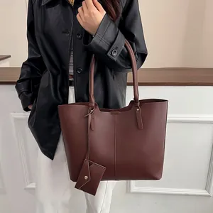 Brown leather tote bag with small purse attachment, large capacity minimalist shoulder bag