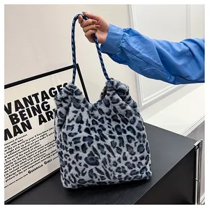 Close-up of leopard print plush bucket bag with modern woven rope handle detail
