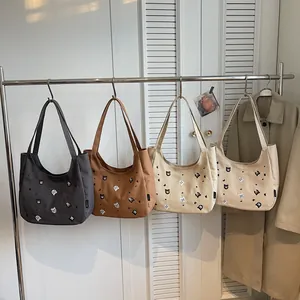 Women's Casual Canvas Tote Bag with Animal Embroidery Large Capacity Shoulder Handbag Zipper Closure School Daily Bag