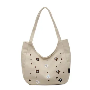 Beige canvas tote bag with cute cartoon cat and bear embroidery, large shoulder handbag