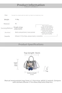 Detailed size specifications of silver bucket bag with teddy bear charm and dimensions