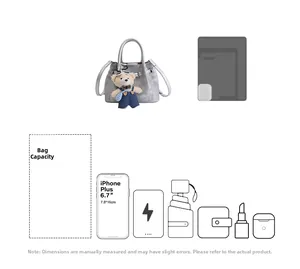 Silver-grey bucket bag capacity guide showing space for a phone and teddy bear charm