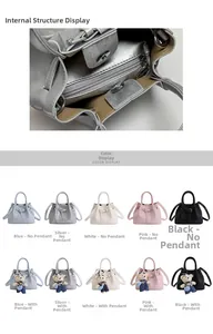Detail view of the bucket bag interior layout with multiple color options and teddy pendant