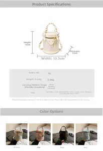 Size chart for floral bucket bag showing dimensions 16cm height and PU material info