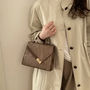 Minimalist brown crossbody square bag with pleated texture and gold metal buckle