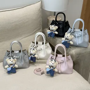 Women Korean Style PU Leather Bucket Bag Minimalist Belt Decoration Handbag With Teddy Bear Pendant Trendy Shoulder Bag