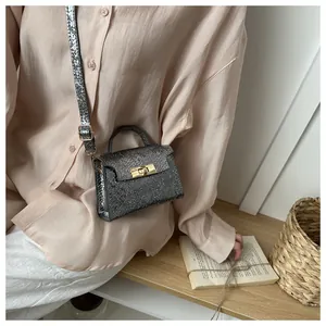 Detail of silver textured mini handbag with golden twist lock and long shoulder strap