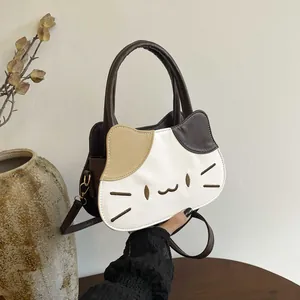 Cute Cat Shaped PU Leather Handbag Women Color Block Embroidery Shoulder Crossbody Bag Adjustable Strap Casual Fashion Purse