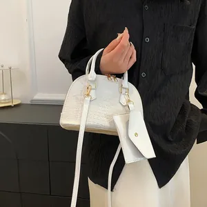 White crocodile pattern shell bag for women with matching mini pouch and leather strap