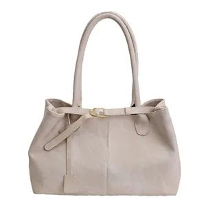 Retro beige faux leather tote bag with long handles and vertical stitching details
