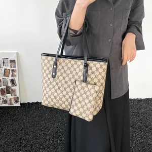 Retro tote bag set with M monogram print and matching mini pouch for women in beige