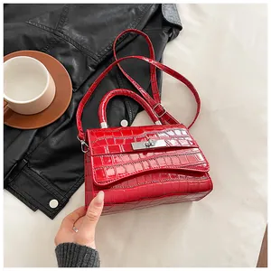 Macro detail of red crocodile texture small square handbag with silver metal lock