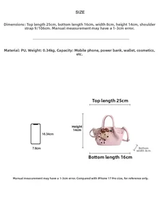 Tabella taglie borsa a secchiello in pelle PU rosa con dimensioni e confronto capacità